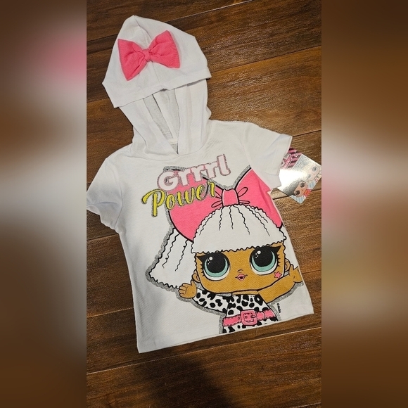 L.O.L. SURPRISE! NWT GIRL'S GRRRL POWER GLITTER GRAPHIC T-SHIRT HOOD& BOW SIZE 4 - Picture 4 of 6